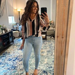 SHEIN V-Neck Long-Sleeve Striped Blouse | Size S | 100% Polyester